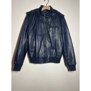 VTG Berman's Men EUC Navy Blue Leather Zip Lining Biker Motorcycle Jacket 42
